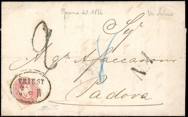 1866 - 5 kr. rosa, dent. 9 1/2 (Austria 29), perfetto, su lettera da Trieste 4/9/1866 a Padova, al verso il transito di Milano del 9 settembre e l'arrivo a Padova del 10. Dopo la ripresa degli scambi diretti il 1/9/1866, per i primi 20 giorni le lettere venivano affrancate solo fino al confine e la lettera venne tassata 20 cent., convertiti in 8 soldi. Interessante e rara. Ferrario.