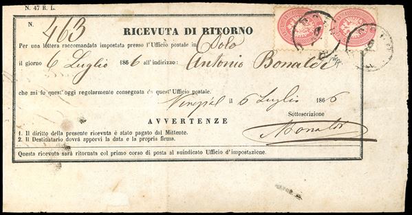 1866 - 5 soldi rosa, dent. 9 1/2 (43), coppia verticale, buono stato, su ricevuta di ritorno di lettera raccomandata da Dolo 6/7/1866 a Venezia. Ultimi giorni d'uso dei francobolli austriaci a Dolo. Caffaz.