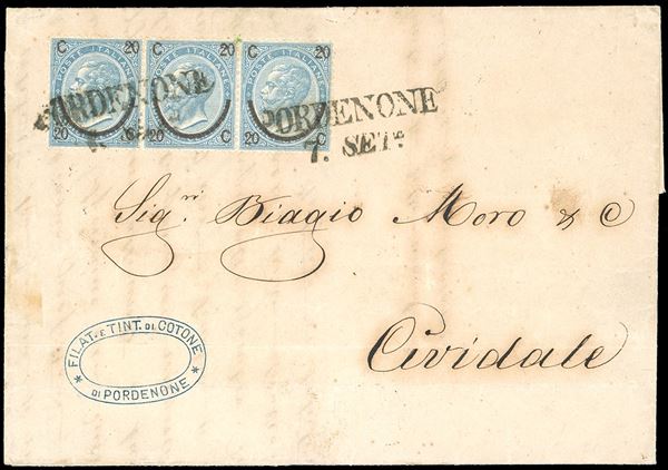 1866 - 20 cent. su 15 cent. Ferro di cavallo, III tipo (Regno 25), striscia orizzontale di tre, perfetta, su lettera da Pordenone 7/9/1866 (già italiana) a Cividale, località dell'Oltre Torre, tornata sotto l'occupazione militare austriaca dopo l'armistizio di Cormons. Stante l'incertezza del periodo, la lettera venne affrancata per 60 centesimi, equivalenti a quanto richiesto per la "via di Svizzera", mentre avrebbe potuto essere affrancata per soli 20 centesimi, secondo la tariffa interna italiana. Molto interessante, per specialista.