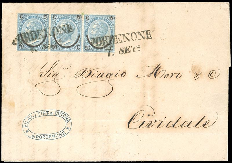 1866 - 20 cent. su 15 cent. Ferro di cavallo, III tipo (Regno 25), striscia orizzontale di tre, perfetta, su lettera da Pordenone 7/9/1866 (già italiana) a Cividale, località dell'Oltre Torre, tornata sotto l'occupazione militare austriaca dopo l'armistizio di Cormons. Stante l'incertezza del periodo, la lettera venne affrancata per 60 centesimi, equivalenti a quanto richiesto per la "via di Svizzera", mentre avrebbe potuto essere affrancata per soli 20 centesimi, secondo la tariffa interna italiana. Molto interessante, per specialista.  - Asta Filatelia - Cambi Casa d'Aste