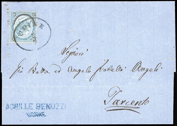 1866 - 20 cent. su 15 cent. Ferro di cavallo, III tipo (Regno 25), perfetto, su lettera da Udine 8/9/1866 (già italiana) a Tarcento, località dell'Oltre Torre, tassata sotto l'occupazione militare austriaca dopo l'armistizio di Cormons. La lettera viaggiò regolarmente con la tariffa interna italiana.