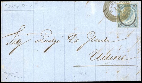 1866 - 20 cent. su 15 cent. Ferro di cavallo, III tipo (Regno 25), perfetto, su lettera da Tolmezzo 10/9/1866 ad Udine. Prima data d'uso nota su francobolli italiani dell'annullo di questa località dell'Oltre Torre (punti 13). Per specialista. Cert. Bottacchi.