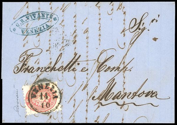 1866 - 5 soldi rosa, dent. 9 1/2 (43), lieve piega, su fresca lettera da Venezia 14/10/1866 a Mantova. Interessante lettera risalente agli ultimi giorni prima del definitivo passaggio del Veneto all'Italia. L'affrancatura fu ritenuta valida per l'accordo del 20/9/1866: le lettere potevano essere affrancate con la tariffa interna dello Stato di provenienza ed avevano il diritto di essere recapitate a destino senza tassazioni. Cert. Vaccari.