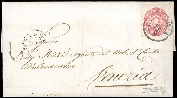 1866 - 5 soldi rosa, dent. 9 1/2 (43), perfetto, su fresca lettera scritta a Lendinara il 15/9/1866 (già italiana dal 10 luglio) per Venezia, inoltrata privatamente a Chioggia (ancora austriaca), dove venne messa in posta il giorno 16 settembre. Interessante e rara testimonianza di inoltro" d'emergenza" di corrispondenza tra il Veneto già italiano e quello austriaco, stante l'interruzione delle relazioni postali dirette a causa del conflitto in essere. Documento di grande interesse storico postale. Dettagliato cer. Colla.