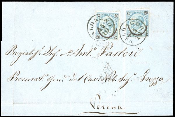 1866 - 20 cent. su 15 cent. Ferro di cavallo, I tipo (Regno 23), due esemplari, perfetti, su lettera di doppio porto in tariffa italiana da Valdagno 15/10/1866 a Verona, dove giunse il successivo 16 ottobre, giorno di entrata in esercizio dell'Amministrazione Postale Italiana. Interessante, per specialista.