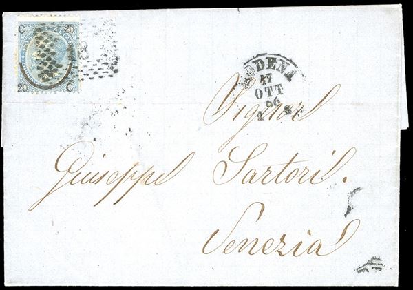 1866 - 20 cent. su 15 cent. Ferro di cavallo, II tipo (24), perfetto, su lettera da Modena 17/10/1866 a Venezia, dove arrivò il successivo 18 ottobre, giorno in cui gli Austriaci lasciarono la città e, di conseguenza, non venne tassata. Molto interessante.