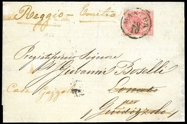 1866 - 40 cent. De La Rue (Regno L20), difettoso in alto, su lettera di doppio porto da Mantova 20/10/1866 a Lonato, rispedita a Giudizzolo e poi ancora a Reggio Emilia. PRIMA DATA NOTA del bollo "Mantua" su francobolli italiani (punti 13), che anticipa quella riportata dal catalogo Sassone. Per specialista.