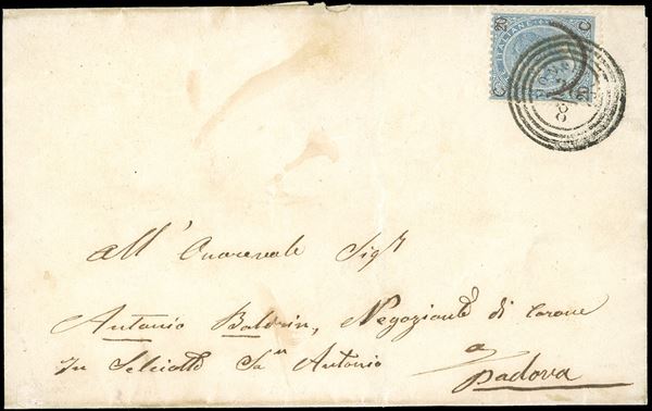 1866 - 20 cent. su 15 cent. Ferro di cavallo, II tipo (Regno 24), perfetto, su lettera da Monselice 26/8/1866 (punti 10) a Padova.