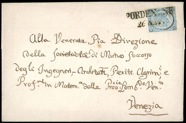 1866 - 20 cent. su 15 cent. Ferro di cavallo, I tipo (Regno 23), ottimo stato, su fresca lettera da Pordenone 26/9/1866 a Venezia.
