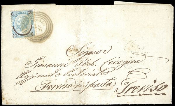 1866 - 20 cent. su 15 cent. Ferro di cavallo, I tipo (Regno 23), un angolo arrotondato su lettera da Tolmezzo 27/10/1866 a Treviso. Primi giorni "italiani" di Tolmezzo, dopo la rioccupazione austriaca delle località dell'Oltre Torre.