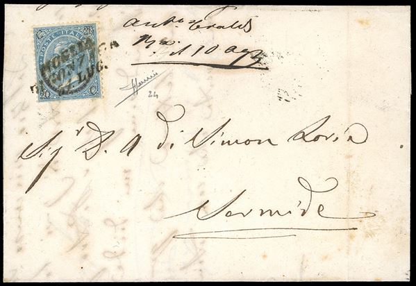 1866 - 20 cent. su 15 cent. Ferro di cavallo, II tipo (Regno 24), parzialmente separato con le forbici, su lettera da Moglia di Gonzaga 31/7/1866 a Sermide. Le località dell'Oltrepò Mantovano furono abbandonate dagli austriaci prima dell'inizio delle ostilità. Interessante e rara. Cert. Sorani.
