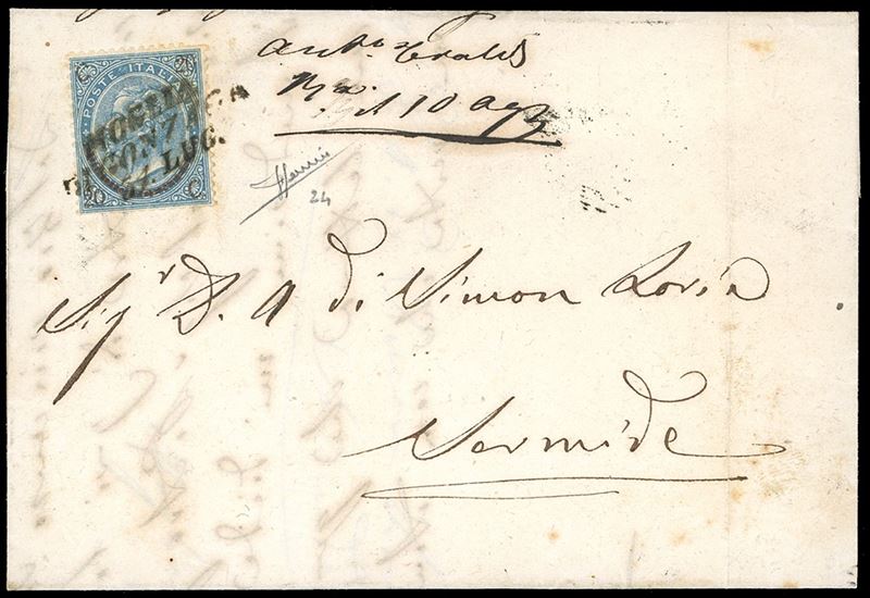 1866 - 20 cent. su 15 cent. Ferro di cavallo, II tipo (Regno 24), parzialmente separato con le forbici, su lettera da Moglia di Gonzaga 31/7/1866 a Sermide. Le località dell'Oltrepò Mantovano furono abbandonate dagli austriaci prima dell'inizio delle ostilità. Interessante e rara. Cert. Sorani.  - Auction Philately - Cambi Casa d'Aste
