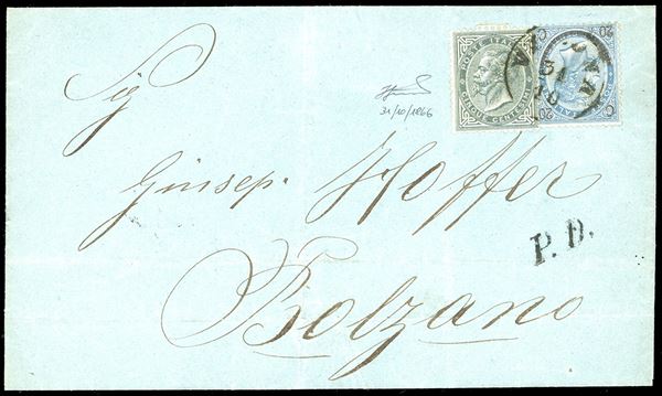 1866 - 5 cent. De La Rue, 20 cent. su 15 cent. Ferro di cavallo, III tipo (Regno 25), perfetti, su lettera da Verona 31/10/1866 a Bolzano. Interessante lettera risalente al giorno di annessione ufficiale del Veneto all'italia, dopo i risultati del plebiscito del 21 ottobre. Molto bella. Ferrario.