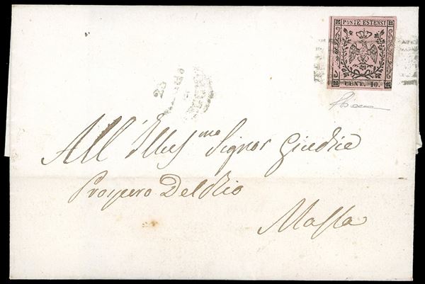 1859 - 10 cent. rosa, punto dopo le cifre (9), tre ottimi margini, rasente a destra in basso, su fresca lettera da Reggio 23/5/1859 a Massa Carrara, bollo di arrivo al verso. Rara lettera per una località dell'Oltreappennino già occupata dalle truppe sarde. R.Diena.
