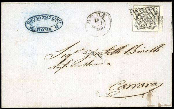 INCOMING MAIL STATO PONTIFICIO 1859 - 8 baj bianco (Pontificio 9), bordo di foglio, perfetto e ben marginato, su lettera da Roma 4/6/1859 a Carrara, bollo di arrivo al verso. Rara lettera per una località dell'Oltreappennino già occupata dalle truppe sarde.