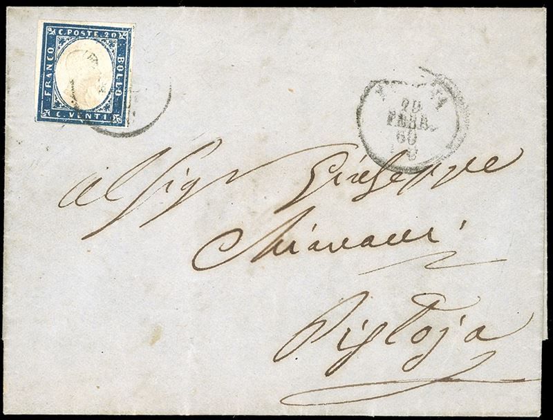 1860 - 20 cent. azzurro (15Ca), piccolo difetto in basso, su lettera scritta a Pavullo ma impostata a Modena 29/2/1860 per Pistoia. Interessante lettera del Cisappennino Modenese con i francobolli sardi nel febbraio 1860.  - Auction Philately - Cambi Casa d'Aste