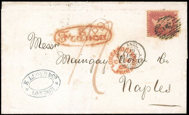 INCOMING MAIL GRAN BRETAGNA 1860 - 1 p. rosso (Gran Bretagna 10), perfetto, su circolare a stampa da Londra 18/10/1860 a Napoli, tassata. Pregevole e rara incoming mail in periodo di Dittatura di Garibaldi.  - Auction Philately - Cambi Casa d'Aste
