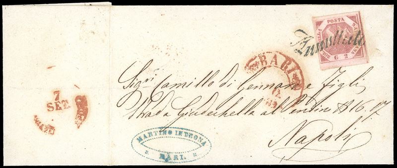 1860 - 2 grana rosa carminio, III tavola (7c), perfetto, su lettera da Bari 4/9/1860, annullo a svolazzo, a Napoli, dove giunse il 7/9/1860, giorno in cui il Generale Garibaldi entrò nella città e assunse la Dittatura anche del Napoletano. Di grande interesse, per specialista.  - Asta Filatelia - Cambi Casa d'Aste