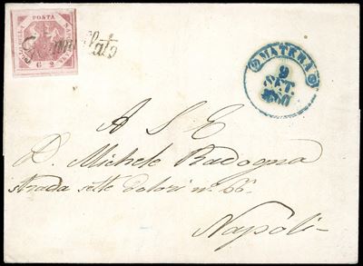 Francobollo 2 grana rosa brunastro (1860), lettera da Matera