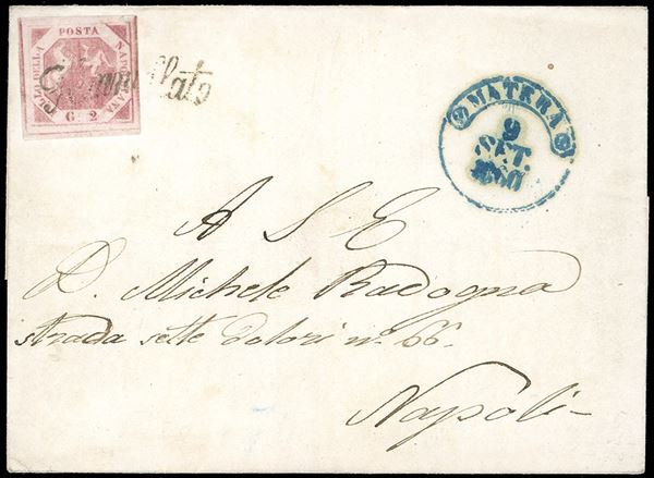 1860 - 2 grana rosa brunastro, III tavola (7), perfetto, su fresca lettera da Matera 9/9/1860, annullo a svolazzo, a Napoli. Interessante lettera risalente ai primi giorni della Dittatura di Garibaldi, di ottima qualità.