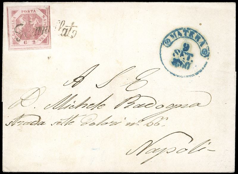 1860 - 2 grana rosa brunastro, III tavola (7), perfetto, su fresca lettera da Matera 9/9/1860, annullo a svolazzo, a Napoli. Interessante lettera risalente ai primi giorni della Dittatura di Garibaldi, di ottima qualità.  - Asta Filatelia - Cambi Casa d'Aste