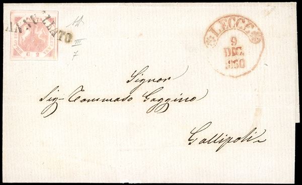 1860 - 2 grana rosa chiaro, III tavola (7b), perfetto, su fresca lettera da Lecce 9/12/1850, annullo a svolazzo, a Gallipoli. Lettera in periodo di Luogotenenza di Carlo Farini di splendida qualità. A.Diena.