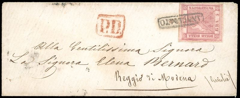 1860 - 5 grana carminio rosa, II tavola (9), perfetto, su busta di piccolo formato da Napoli 17/11/1860 a Reggio Emilia. La lettera, in tariffa via di mare con i vapori sardi in vigore dal 1/10/1860, viaggiò fino a Genova con il vapore Febo della Compagnia Zucoli. Interessante e di ottima qualità.  - Asta Filatelia - Cambi Casa d'Aste