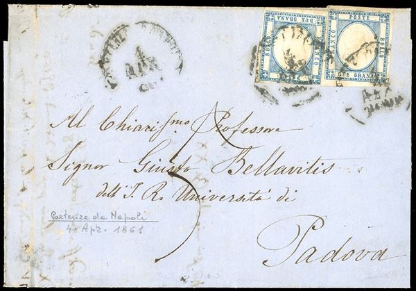 1861 - 2 grana azzurro chiaro (20), due esemplari, lievi difetti, su lettera da Napoli 1/4/1861 a Padova, tassata 5 soldi, insolita affrancatura.