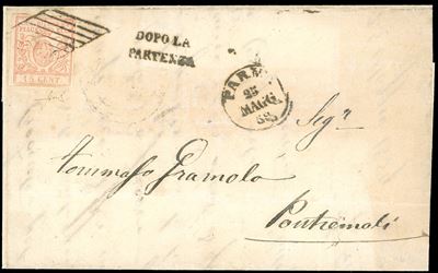 1859, 15 centesimi vermiglio chiaro (9a), lettera da Parma a Pontremoli