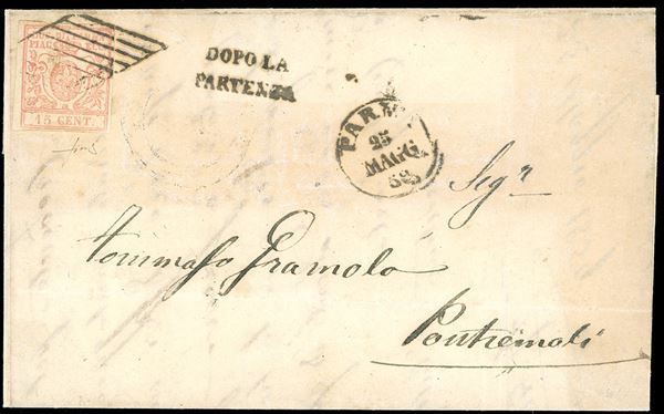 1859 - 15 cent. vermiglio chiaro (9a), perfetto su lettera da Parma 25/5/1859 a Pontremoli, bollo di arrivo al verso in cui non è possibile decifrare la data. Dopo la Restaurazione della Duchessa Maria Luisa, il 27/5/1859 Pontremoli si proclamò Amministrazione Indipendente. Molto interessante. Fiecchi.