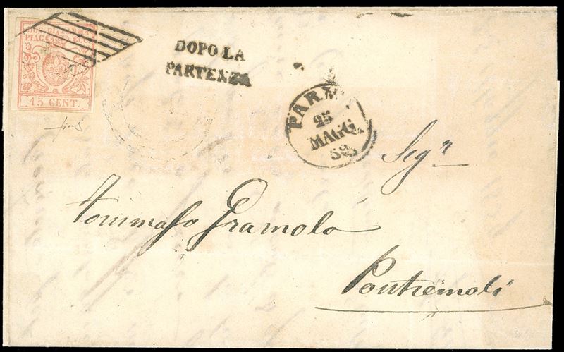 1859 - 15 cent. vermiglio chiaro (9a), perfetto su lettera da Parma 25/5/1859 a Pontremoli, bollo di arrivo al verso in cui non è possibile decifrare la data. Dopo la Restaurazione della Duchessa Maria Luisa, il 27/5/1859 Pontremoli si proclamò Amministrazione Indipendente. Molto interessante. Fiecchi.  - Auction Philately - Cambi Casa d'Aste