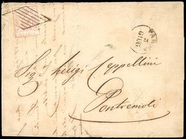 1859 - 15 cent. vermiglio chiaro (9a), perfetto, su lettera da Parma 3/6/1859 a Pontremoli. Una delle rarissime lettere note in arrivo a Pontremoli in periodo di Commissario Straordinario, dopo la proclamazione dell'Amministrazione Indipendente.