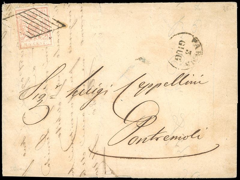 1859 - 15 cent. vermiglio chiaro (9a), perfetto, su lettera da Parma 3/6/1859 a Pontremoli. Una delle rarissime lettere note in arrivo a Pontremoli in periodo di Commissario Straordinario, dopo la proclamazione dell'Amministrazione Indipendente.  - Auction Philately - Cambi Casa d'Aste