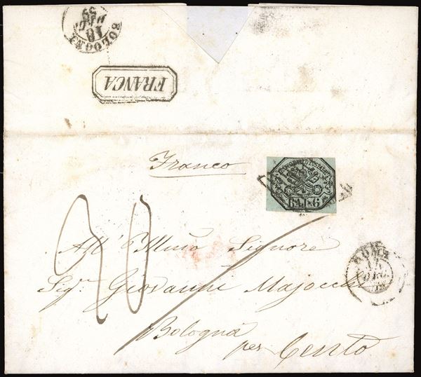 INCOMING MAIL PONTIFICIO 1859 - 6 baj grigio verdastro (7), leggermente corto in alto, su fresca lettera da Roma 14/12/1859 a Cento, tassata in arrivo 30 cent. Al verso il bollo in cartella "Franca" in uso presso l'Ordine Militare di Malta (punti 12++). Si tratta probabilmente dell'unica lettera nota per il Governo Provvisorio delle Romagne con questo raro bollo.