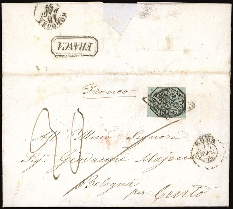 INCOMING MAIL PONTIFICIO 1859 - 6 baj grigio verdastro (7), leggermente corto in alto, su fresca lettera da Roma 14/12/1859 a Cento, tassata in arrivo 30 cent. Al verso il bollo in cartella "Franca" in uso presso l'Ordine Militare di Malta (punti 12++). Si tratta probabilmente dell'unica lettera nota per il Governo Provvisorio delle Romagne con questo raro bollo.  - Asta Filatelia - Cambi Casa d'Aste
