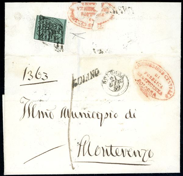 1859 - 1 baj verde azzurro (2a), perfetto, al verso di lettera in porto assegnato da Bologna 21/6/1859 a Monterenzio, sul fronte il lineare Lojano (da cui dipendeva la località di destinazione) e la tassa di 1 bajocco. Cert. Bottacchi.