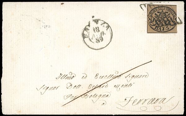 1859 - 3 baj bruno (4Aa), leggermente intaccato a destra, su lettera da Bagnocavallo, lineare in rosso al verso, a Ferrara, sul fronte il datario di Faenza 18/8/1859, da cui dipendeva la località di partenza.
