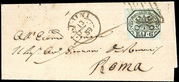 1859 - 6 baj grigio verdastro (7), tre ottimi margini, leggermente corto a destra, su piccola lettera da Rimini 16/7/1859 a Roma.