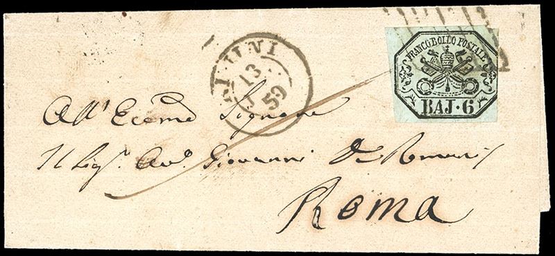 1859 - 6 baj grigio verdastro (7), tre ottimi margini, leggermente corto a destra, su piccola lettera da Rimini 16/7/1859 a Roma.  - Auction Philately - Cambi Casa d'Aste