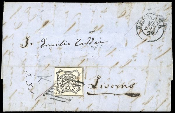 1859 - 8 baj bianco (9), perfetto, su lettera, indirizzo in parte restaurato, da Ferrara 12/7/1859 (mese nel datario capovolto) a Livorno, nel Governo Provvisorio di Toscana. Cert. Bottacchi.