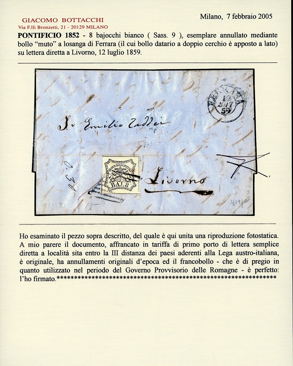 Francobollo, 8 baj bianco, Ferrara, 12 luglio 1859, su lettera con indirizzo parzialmente restaur...