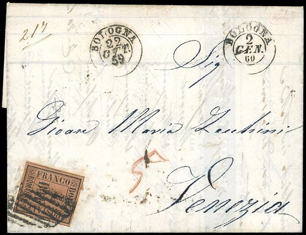 1859 - 4 baj fulvo (5), lieve piega, su lettera da Bologna a Venezia, dove venne tassata 5 soldi. La lettera venne inizialmente spedita senza affrancatura il 22/10/1859 e probabilmente bloccata alla località di scambio con il Veneto Austriaco proprio perché non affrancata. Ritornò quindi a Bologna il 1/1/1860, bollo al verso, per essere affrancata e ripartire il 2/1/1860 alla volta di Venezia. Molto interessante, per specialista. Emilio Diena.