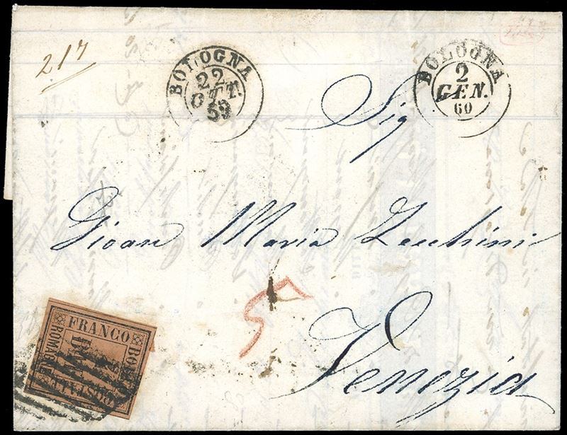 1859 - 4 baj fulvo (5), lieve piega, su lettera da Bologna a Venezia, dove venne tassata 5 soldi. La lettera venne inizialmente spedita senza affrancatura il 22/10/1859 e probabilmente bloccata alla località di scambio con il Veneto Austriaco proprio perché non affrancata. Ritornò quindi a Bologna il 1/1/1860, bollo al verso, per essere affrancata e ripartire il 2/1/1860 alla volta di Venezia. Molto interessante, per specialista. Emilio Diena.  - Asta Filatelia - Cambi Casa d'Aste