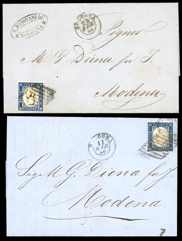 1860 - 20 cent. IV emissione di Sardegna (15C), due esemplari isolati su lettera per Modena, uno da Bologna 24/2/1860, l'altro da Bologna 11/3/1860, entrambe per Modena.