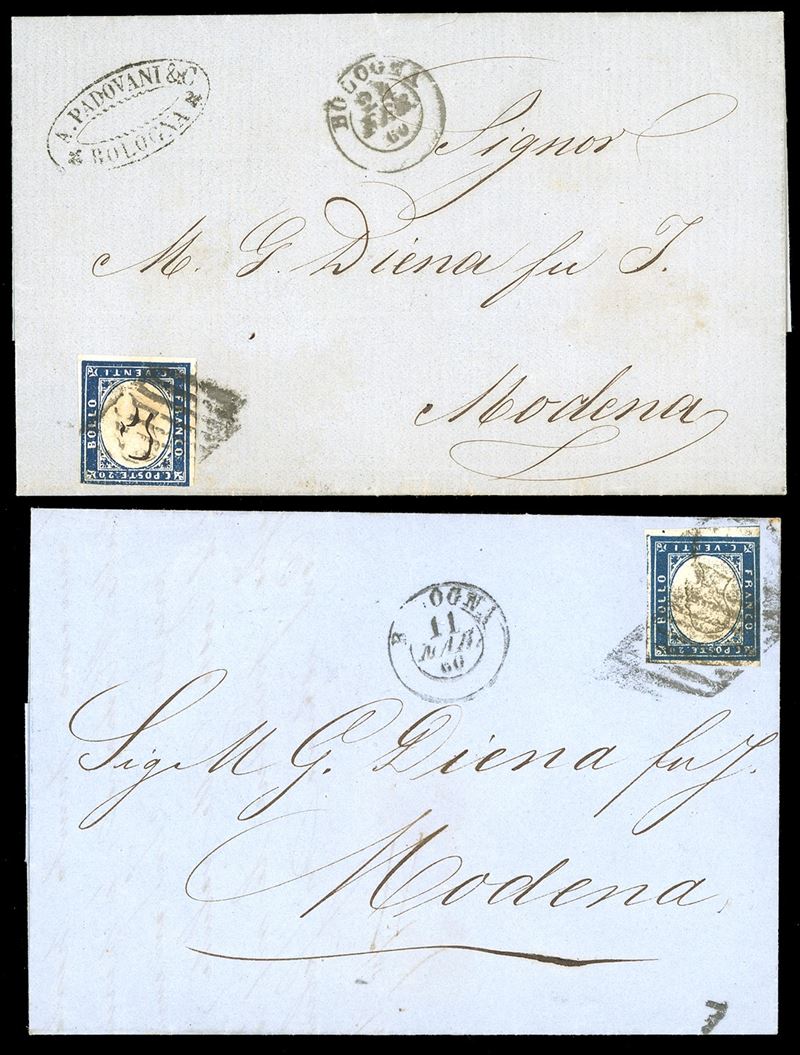 1860 - 20 cent. IV emissione di Sardegna (15C), due esemplari isolati su lettera per Modena, uno da Bologna 24/2/1860, l'altro da Bologna 11/3/1860, entrambe per Modena.  - Asta Filatelia - Cambi Casa d'Aste