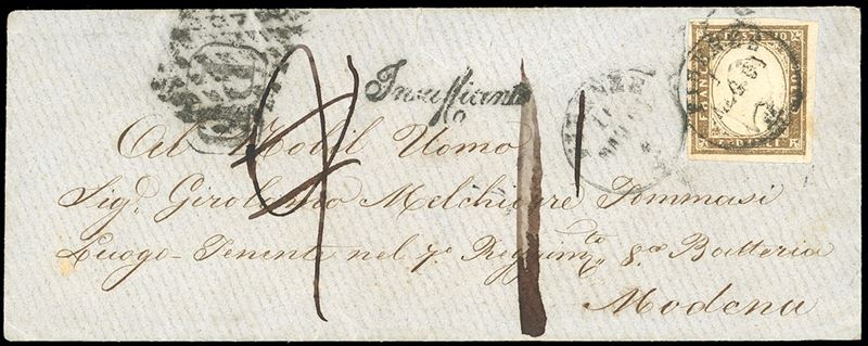1861 - 10 cent. Bruno bistro (14Co), perfetto, su busta da Firenze 16/5/1861 a Modena. La lettera venne affrancata in tariffa militare ma, essendo indirizzata ad un Luogotenente e non ad un soldato di truppa, venne tassata inizialmente 20 centesimi, successivamente cassati e corretti in 10. Bella e molto interessante.  - Asta Filatelia - Cambi Casa d'Aste