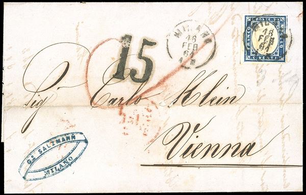 1861 - 20 cent. azzurro grigio (15Cb), perfetto, su lettera da Milano 18/2/1861 a Vienna, tassata 15 soldi.