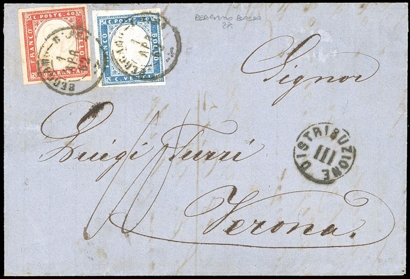1862 - 20 cent. celeste chiaro, 40 cent. cosa vermiglio (15D,16F), perfetti, su lettera di triplo porto parzialmente incompleta al verso, da Bergamo Bassa 1/4/1860 a Verona, tassata 10 soldi, come doppio porto secondo la progressione dei pesi austriaci.  - Asta Filatelia - Cambi Casa d'Aste