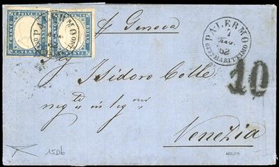 1862, 20 centesimi celeste grigiastro su lettera da Napoli a Venezia