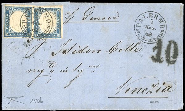 1862 - 20 cent. celeste grigiastro (15Db), due esemplari, perfetti, su lettera da Napoli 7/5/1862 a Venezia, tassa a tampone di 10 soldi. Bottacchi.